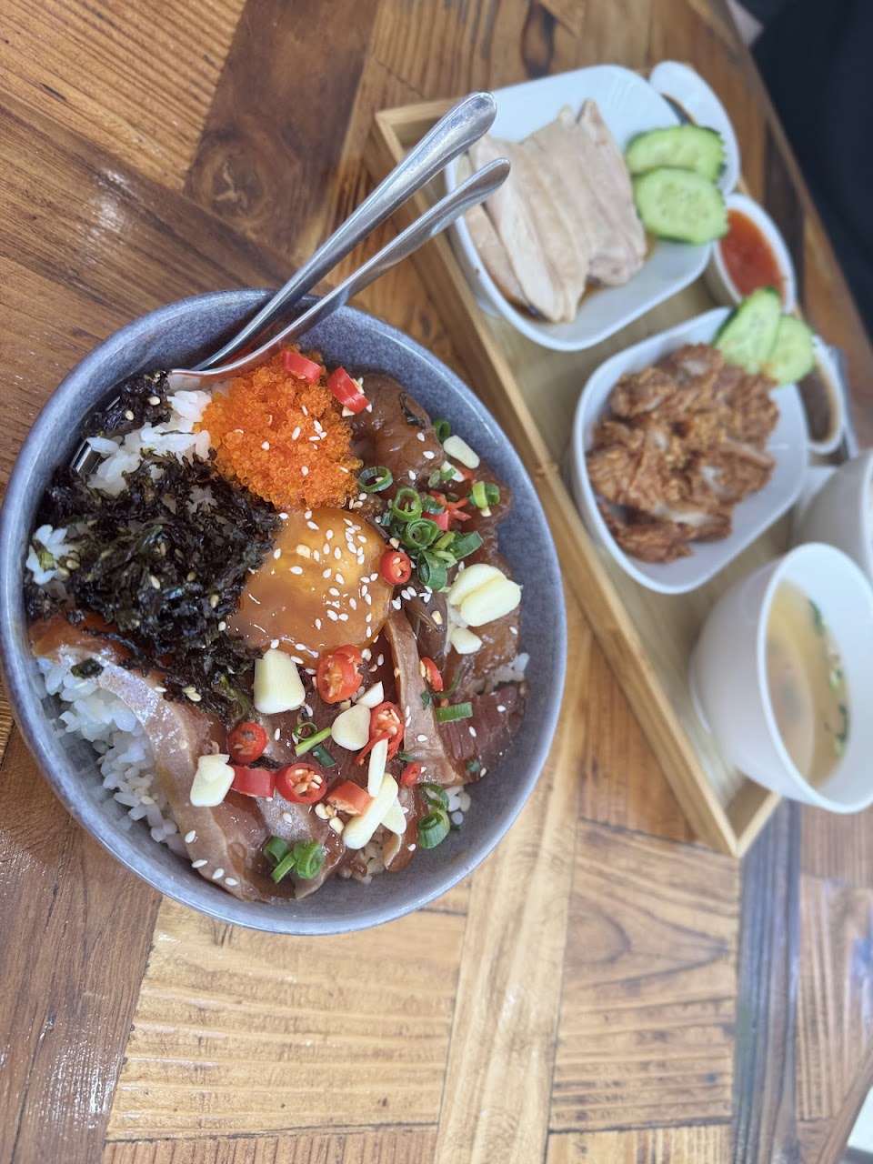 Soy-marinated seafood rice bowl